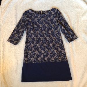 Faux lace overlay navy/tan polyester dress, size 8